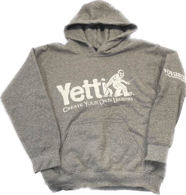 Gray hooded sweatshirt with white Yetti Fish House logo across the chest.