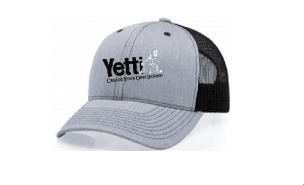 A grey and black Yetti Fish House branded trucker hat.