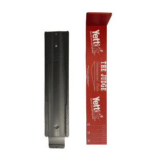 A red fish ruler with marks and the Yetti Fish House logo in white with a black mounting bracket.