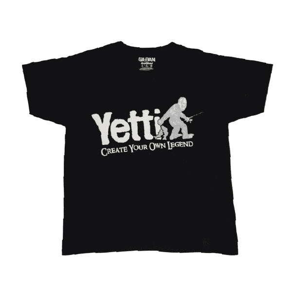 A black t-shirt with white Yetti Fish House logo.