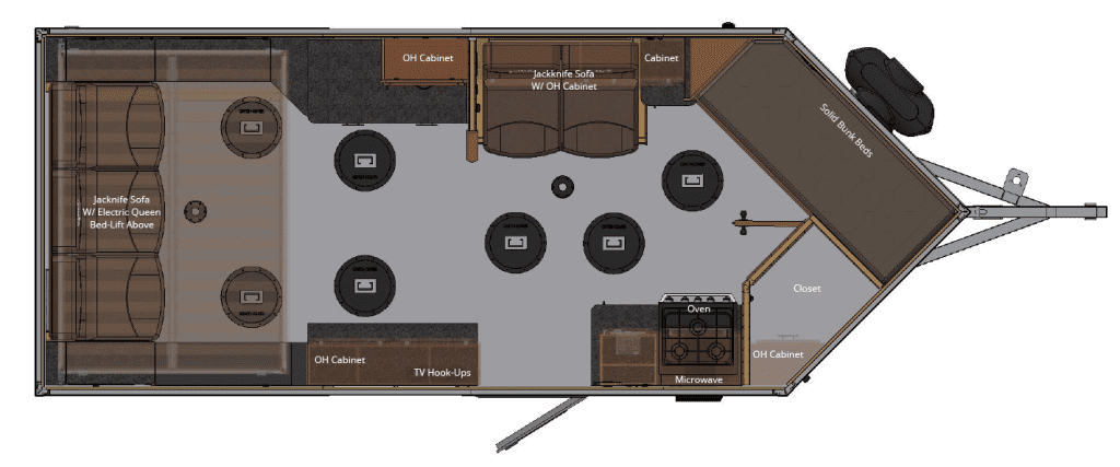 A817-PKB, 17ft. Angler Edition Yetti Fish House Layout with Passenger Side Kitchen and Bunk Beds