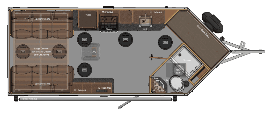 GE817-DKBF, 17ft. Grand Escape Edition Yetti Fish House Layout with Driver Side Kitchen, a Full Bath and Bunk Beds