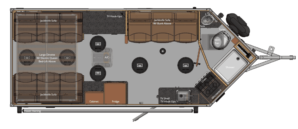 GE817-PKF, 17ft. Grand Escape Edition Yetti Fish House Layout with Passenger Side Kitchen and Full Bath