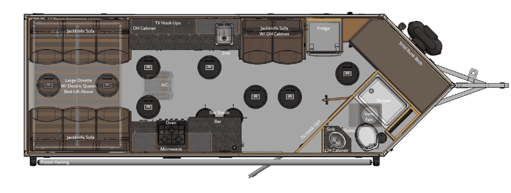 GE821-DRKBF, 21ft. Grand Escape Yetti Fish House Layout with Driver Side Rear Kitchen, a Full Bath and Bunk Beds