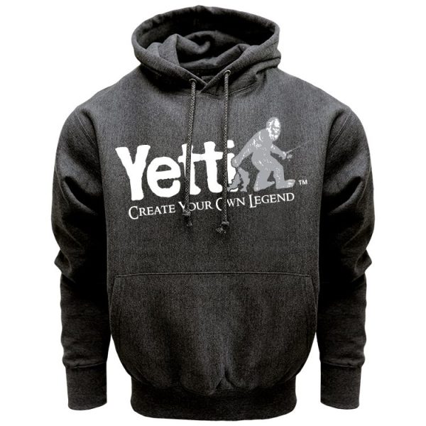 Charcoal gray hooded sweatshirt with Yetti Fish House logo in white across the chest.