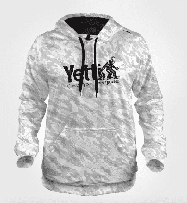 White and gray digital camo design hooded sweatshirt with Yetti Fish House logo in black across the chest.
